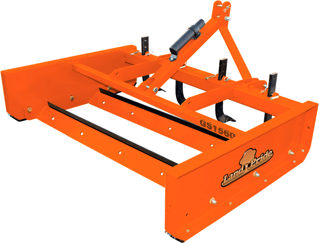 Orange grading attachment with wide steel blade on a white studio background.