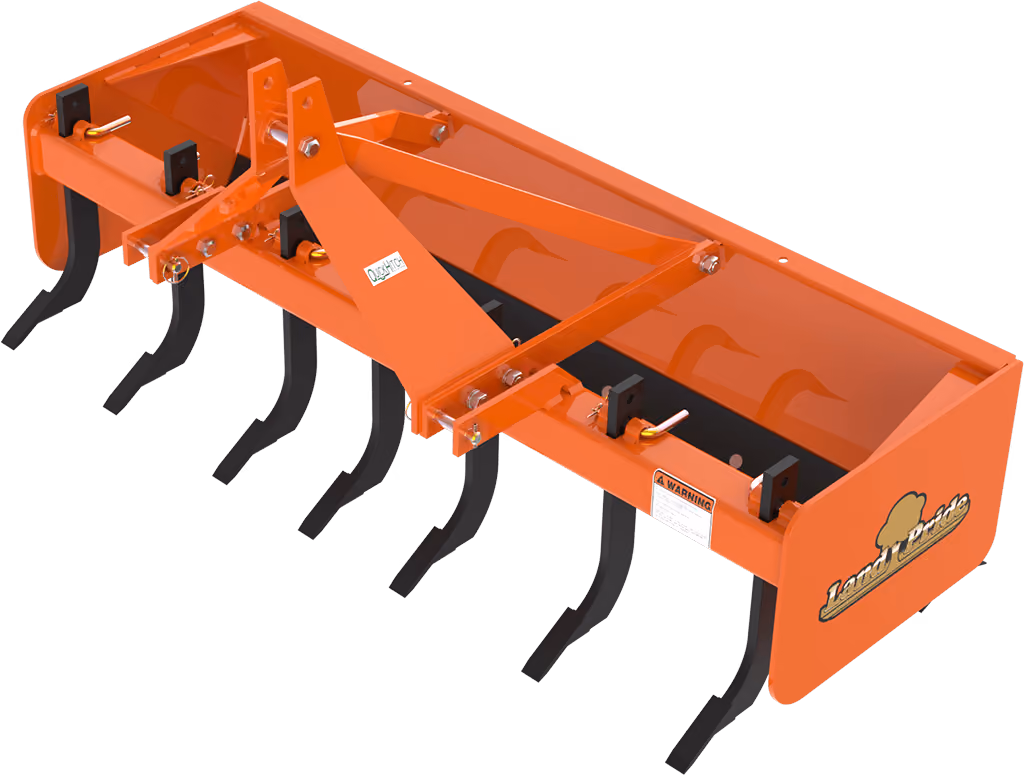 Orange grading attachment with wide steel blade on a white studio background.