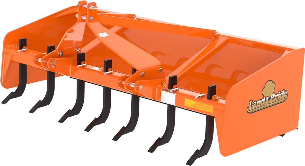 Orange grading attachment with wide steel blade on a white studio background.