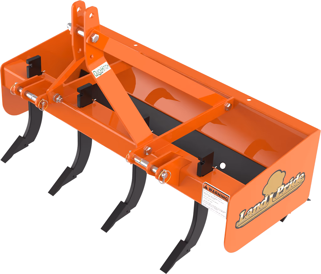Orange grading attachment with wide steel blade on a white studio background.