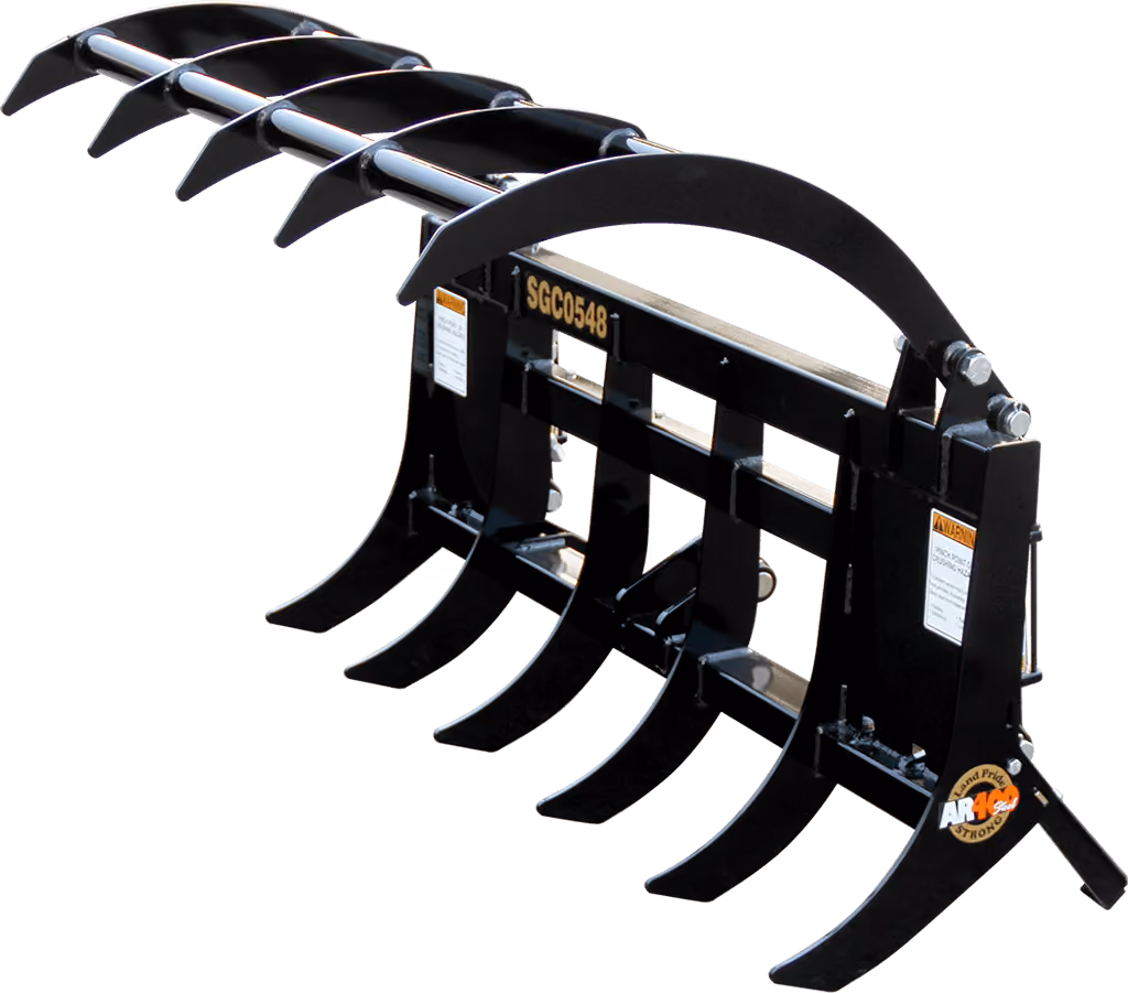 Black claw grapple attachment with curved steel tines on a white studio background.