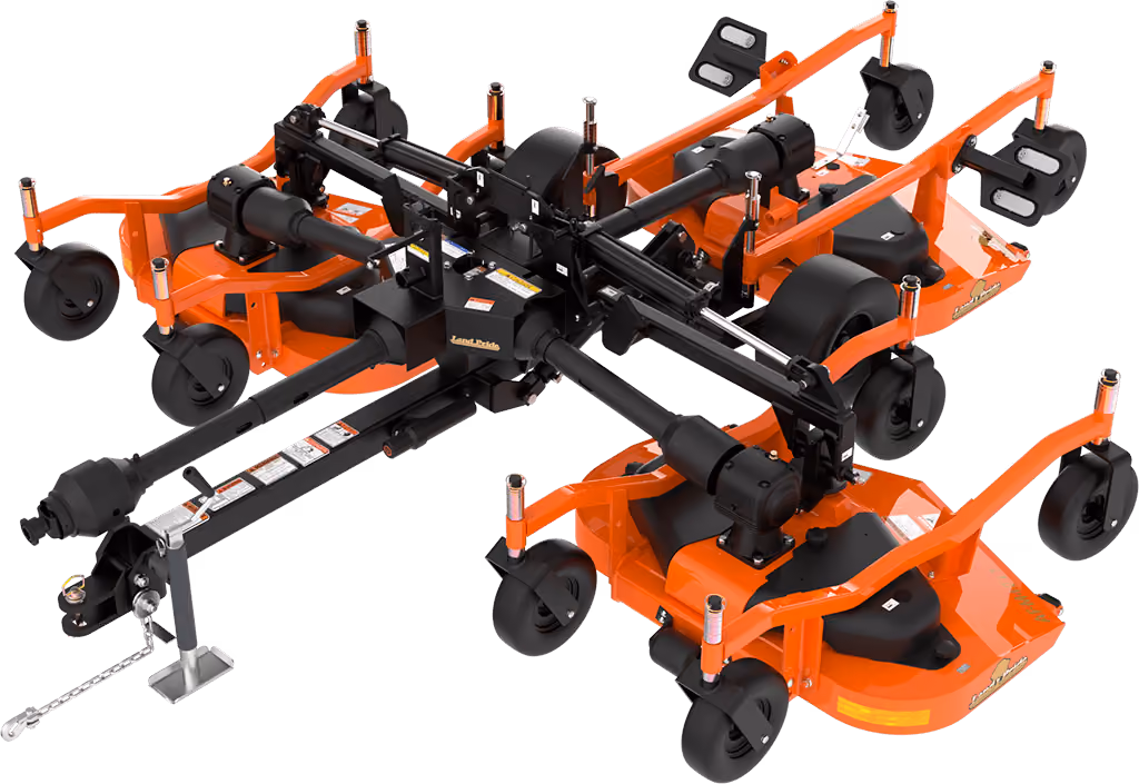 Orange Kubota mower with cutting deck on a white studio background.