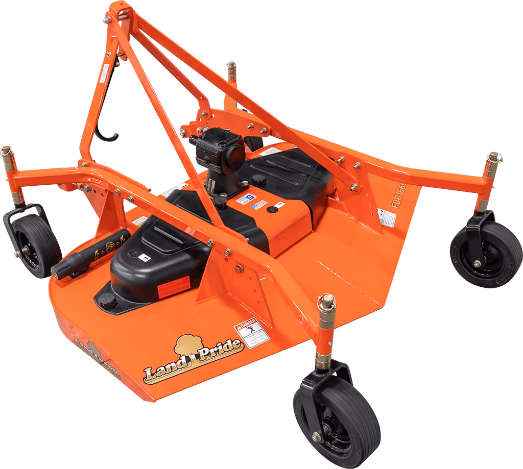 Orange Kubota mower with cutting deck on a white studio background.