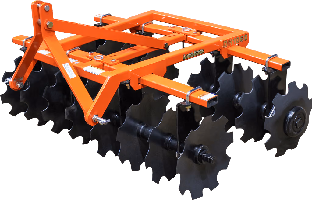 Orange disc harrow attachment with angled steel discs on a white studio background.