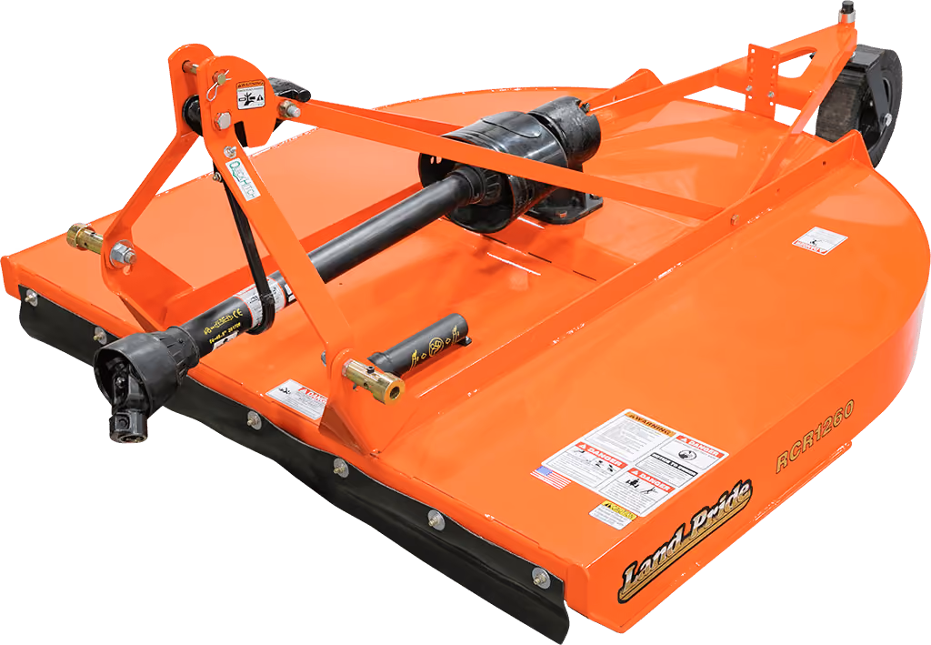 Orange rotary cutter attachment for pasture and field mowing on a white studio background.