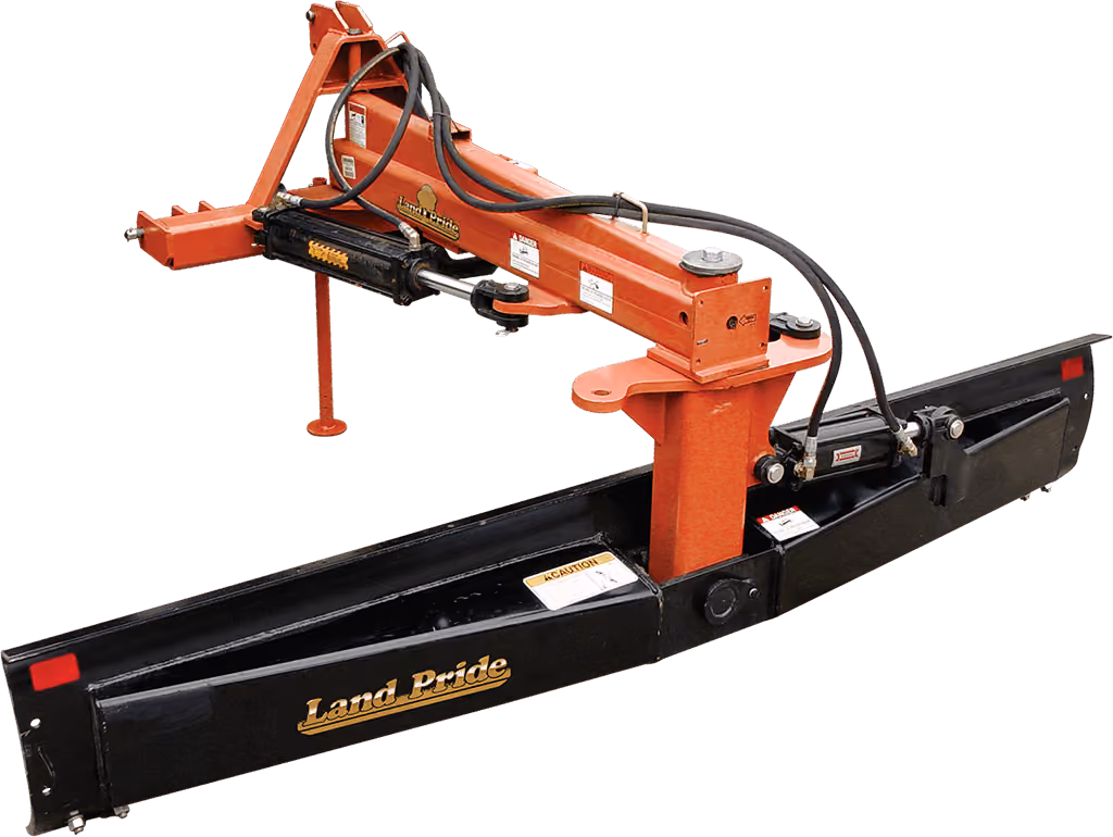 Orange grading attachment with wide steel blade on a white studio background.
