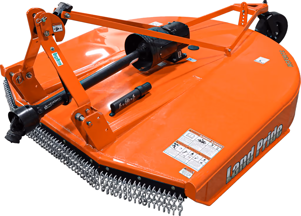 Orange rotary cutter attachment for pasture and field mowing on a white studio background.
