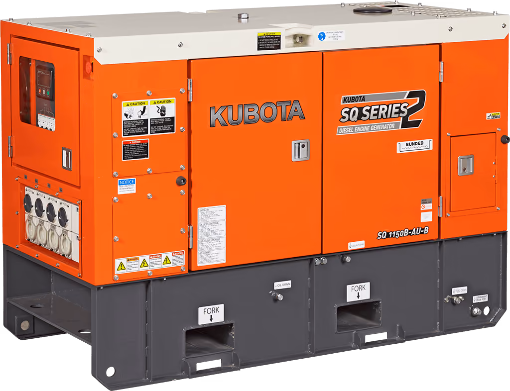 Orange Kubota diesel generator set on a white studio background.