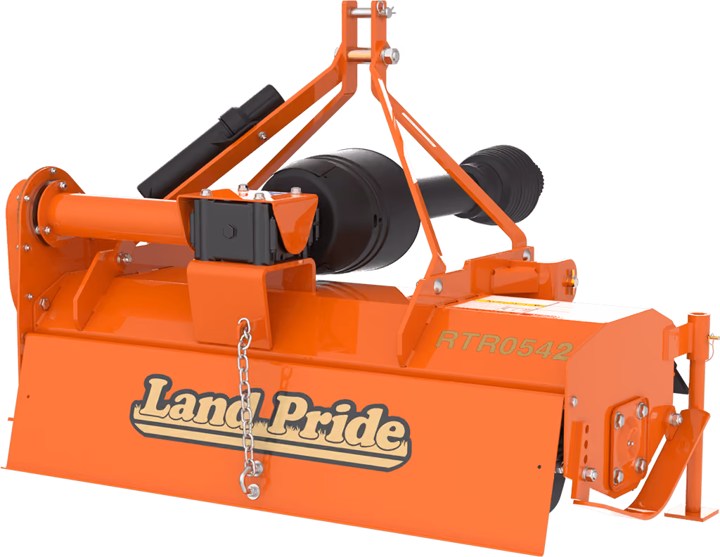 Orange rotary tiller attachment for breaking up soil on a white studio background.