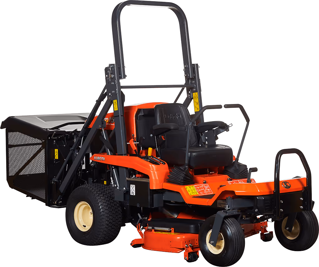 Orange Kubota mower with cutting deck on a white studio background.