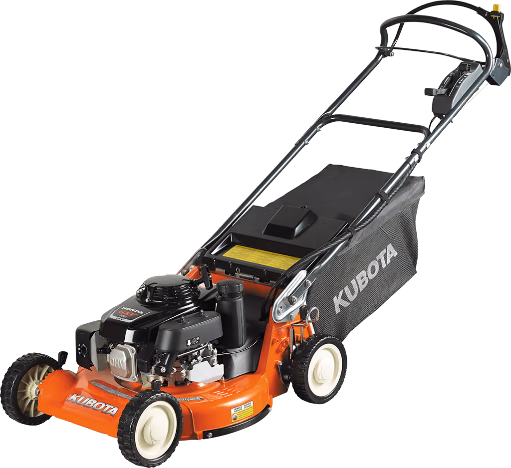 Orange Kubota mower with cutting deck on a white studio background.
