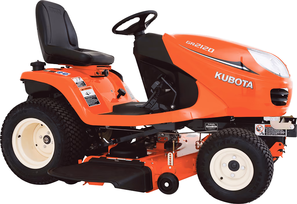 Orange Kubota mower with cutting deck on a white studio background.