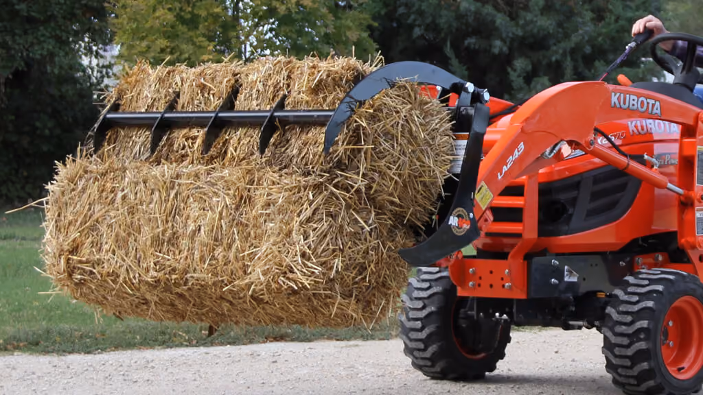 Black claw grapple attachment with curved steel tines.