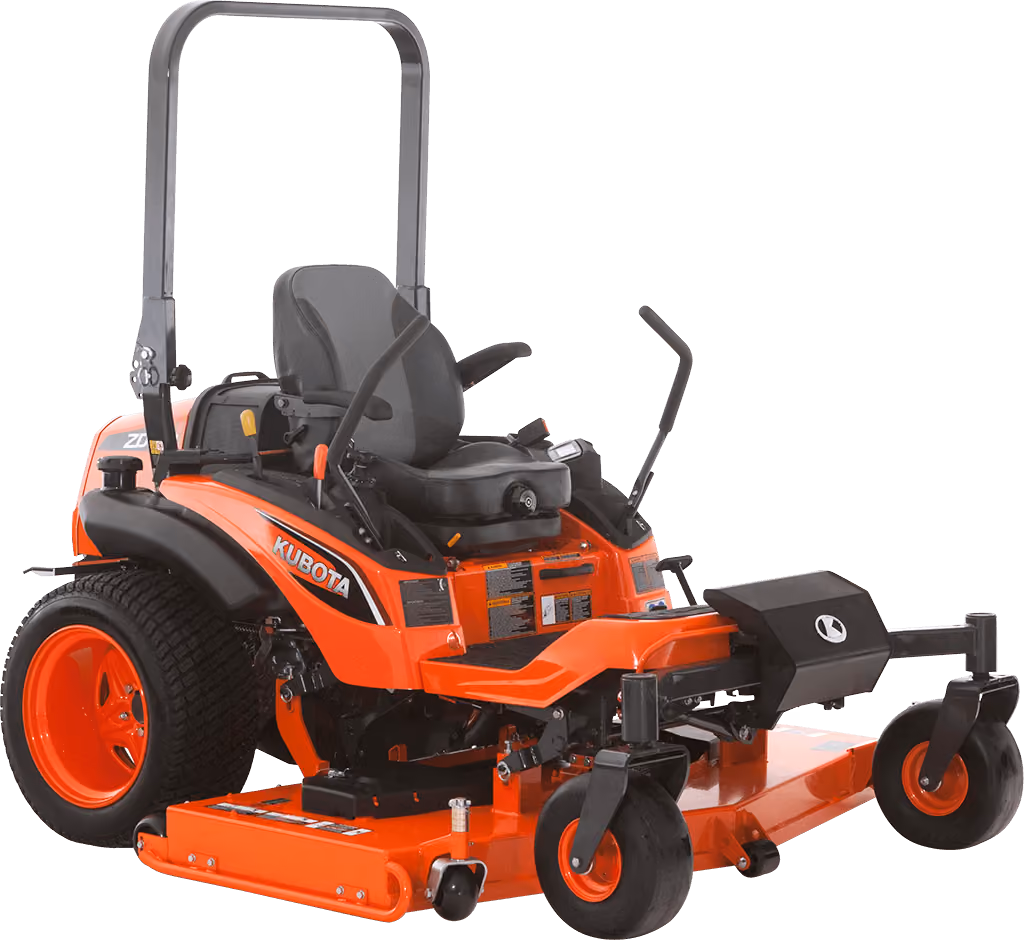 Orange Kubota mower with cutting deck on a white studio background.