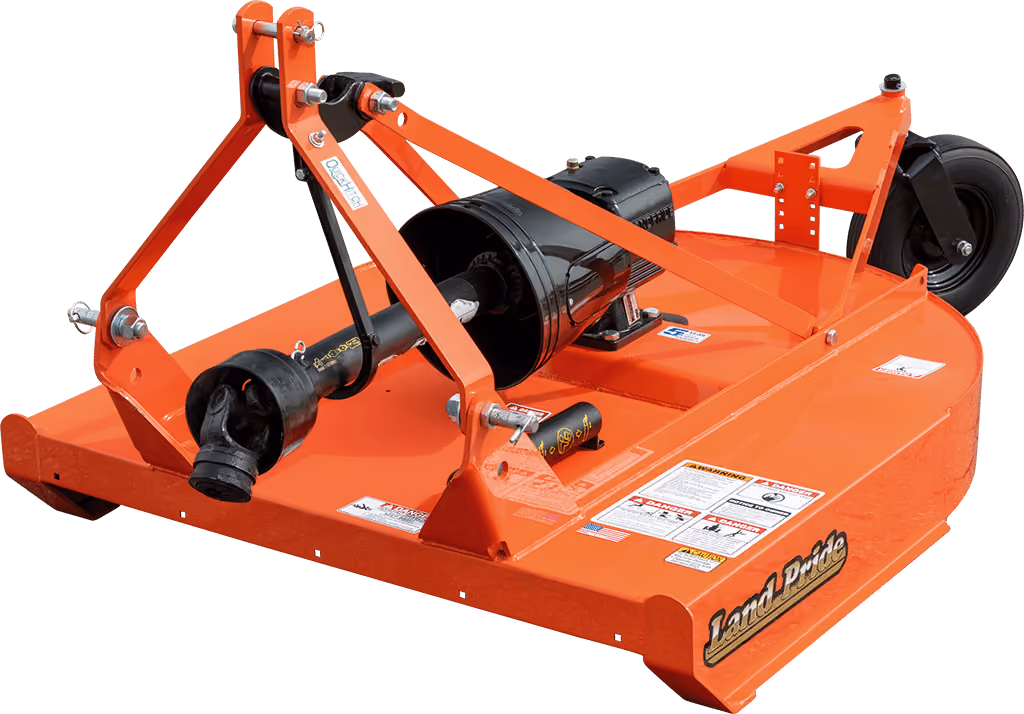 Orange rotary cutter attachment for pasture and field mowing on a white studio background.