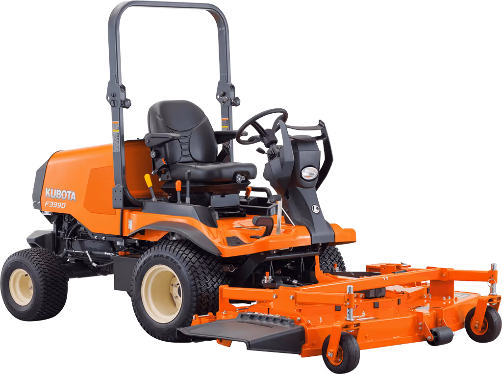 Orange Kubota mower with cutting deck on a white studio background.