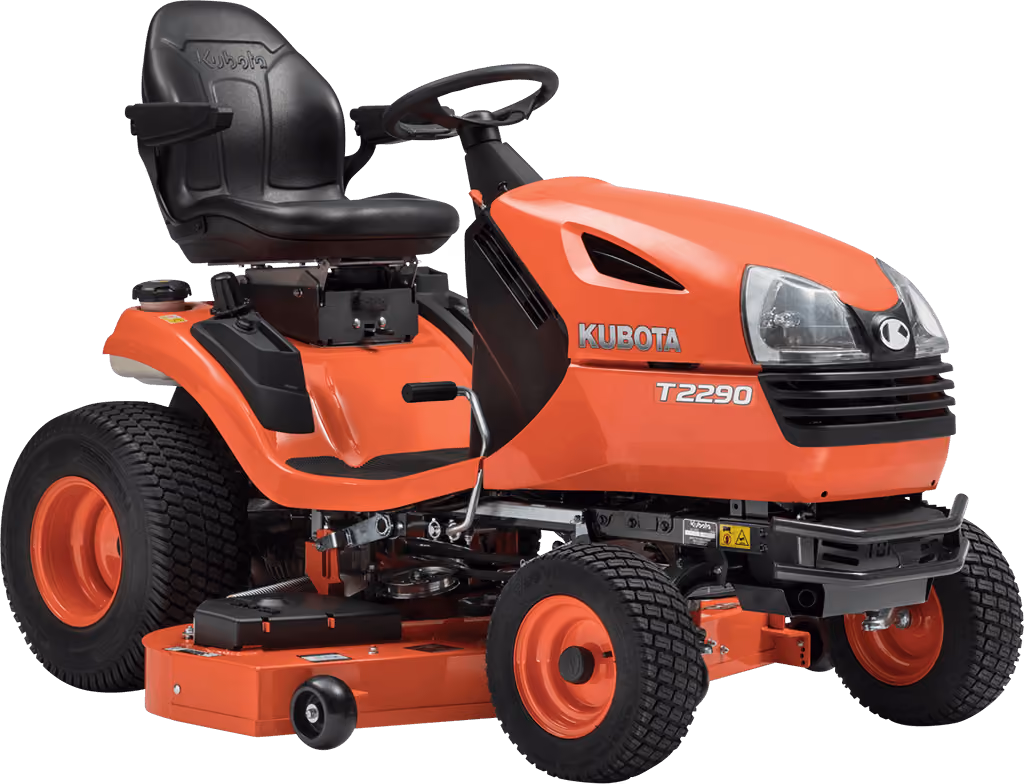 Orange Kubota mower with cutting deck on a white studio background.