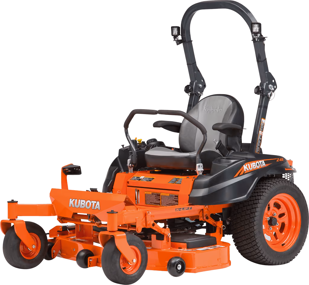 Orange Kubota mower with cutting deck on a white studio background.