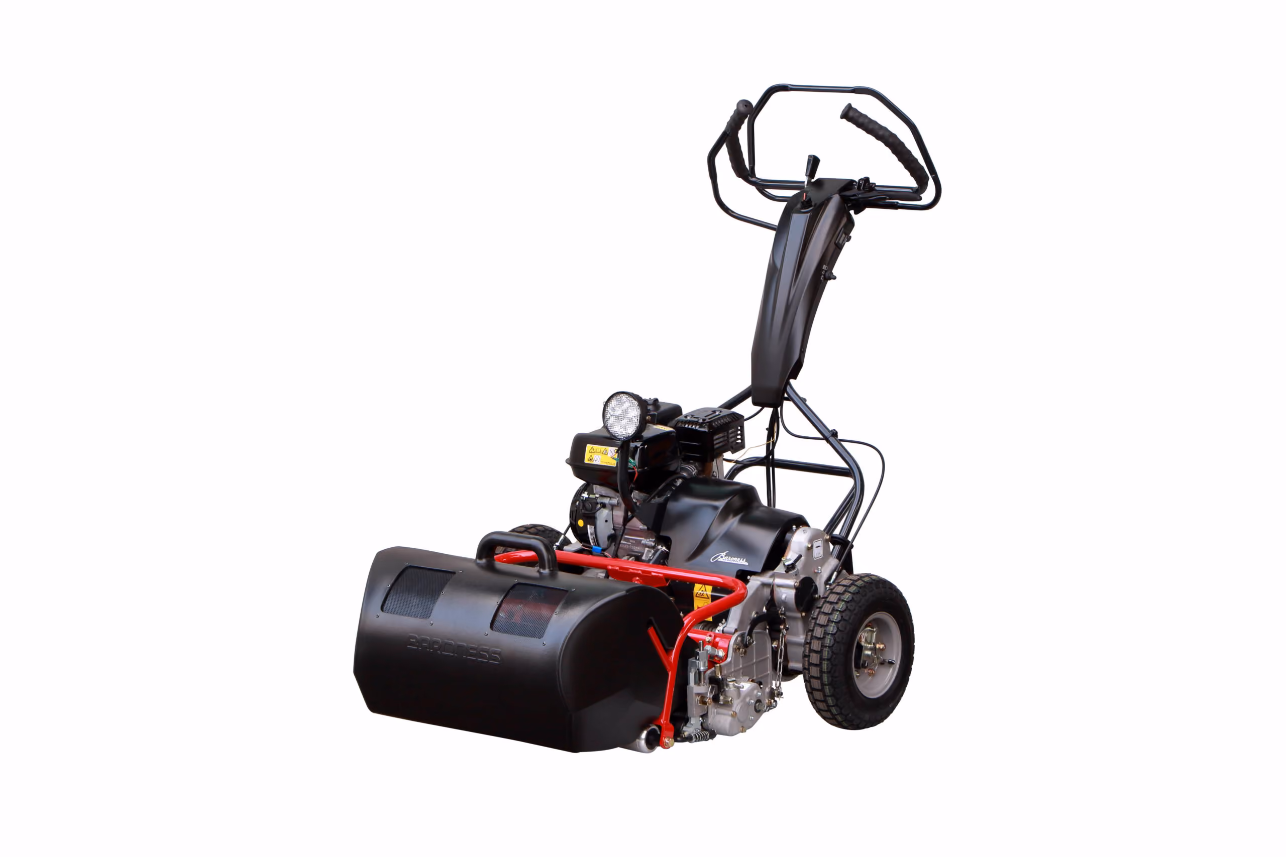 Orange Kubota mower with cutting deck on a white studio background.