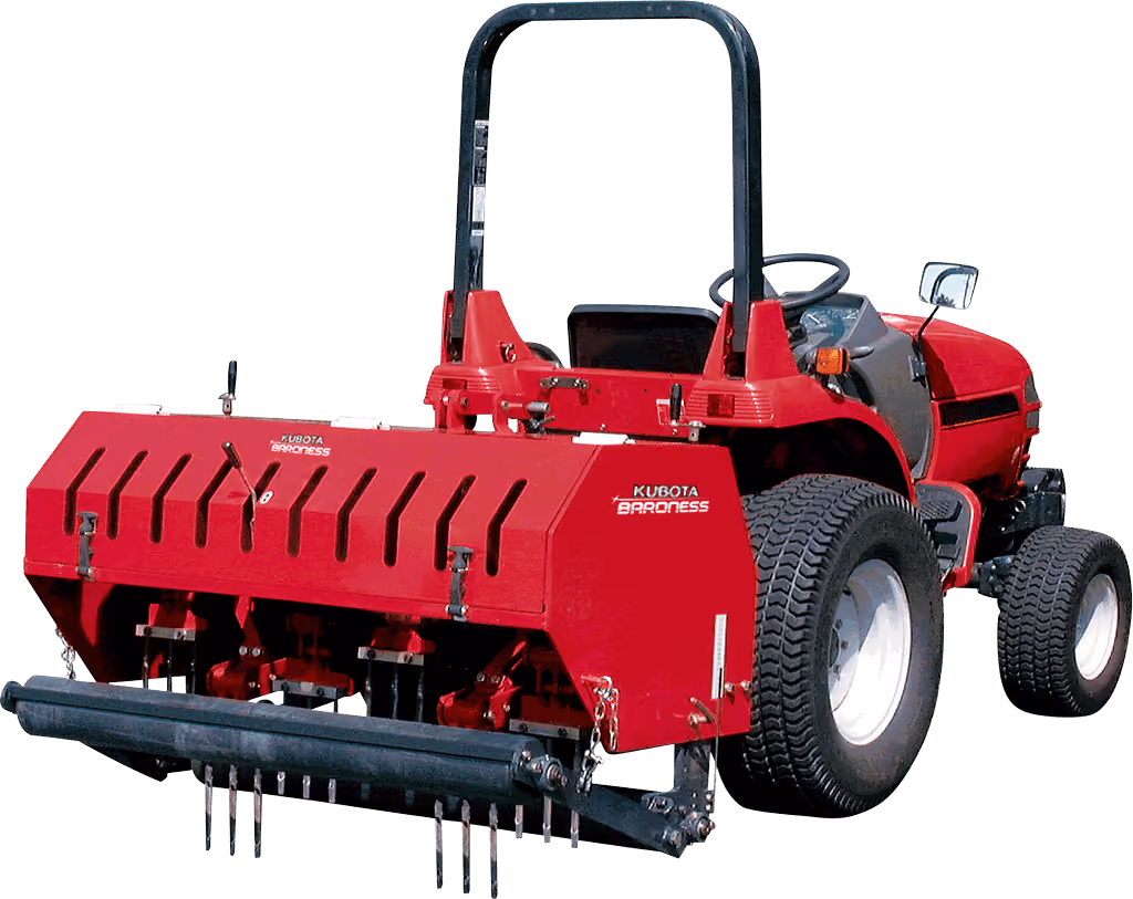 Turf aerator attachment with rows of coring tines on a white studio background.