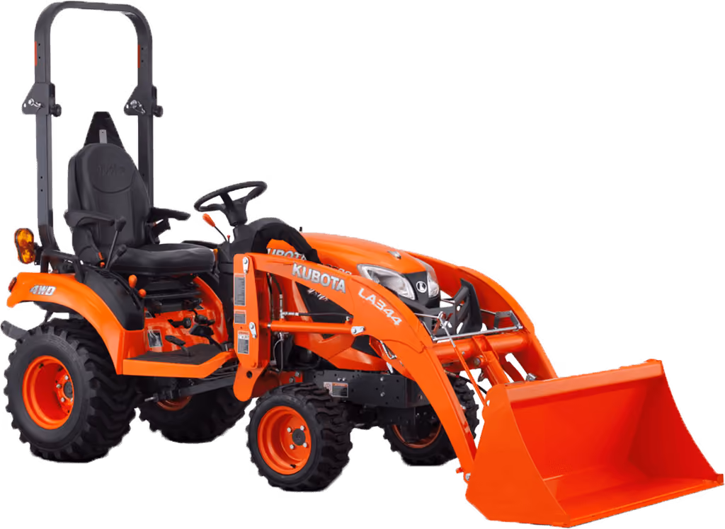 Orange Kubota tractor with roll-over protection on a white studio background.