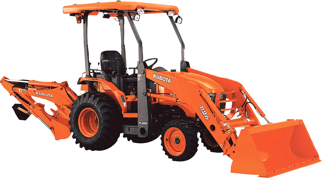 Orange Kubota tractor with roll-over protection on a white studio background.