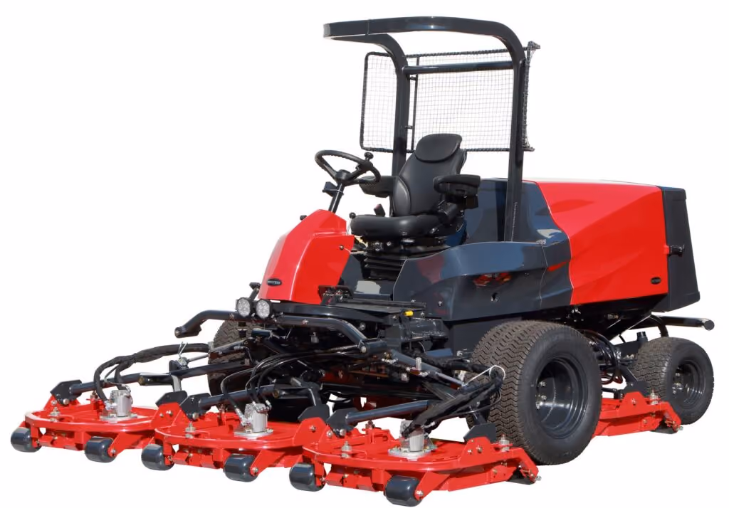 Orange Kubota mower with cutting deck on a white studio background.