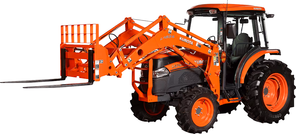 Orange Kubota tractor with roll-over protection on a white studio background.