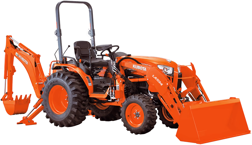 Orange Kubota tractor with roll-over protection on a white studio background.