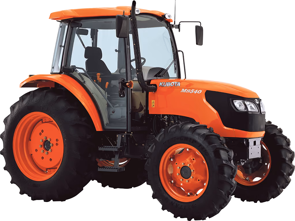 Orange Kubota tractor with roll-over protection on a white studio background.