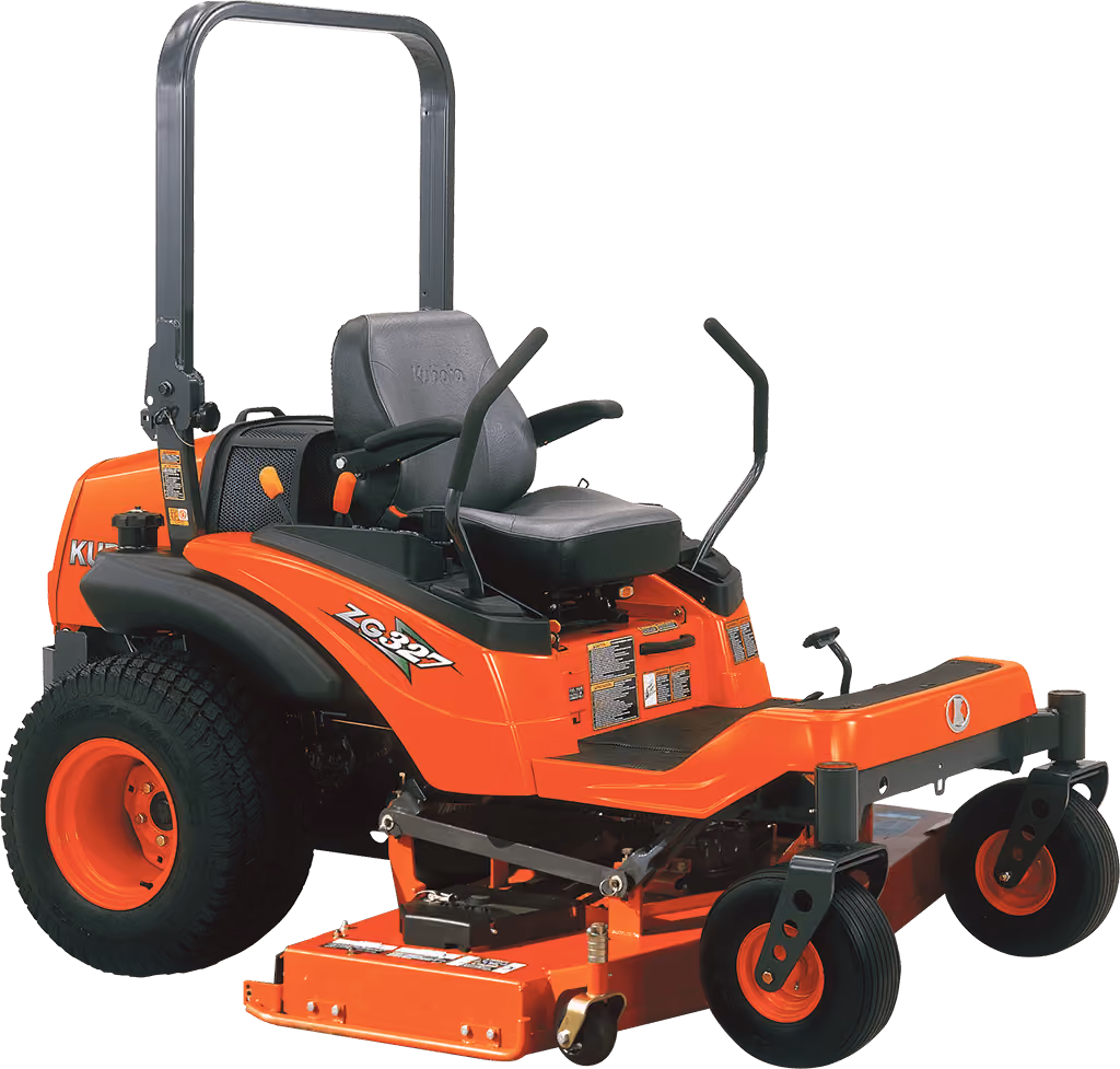 Orange Kubota mower with cutting deck on a white studio background.