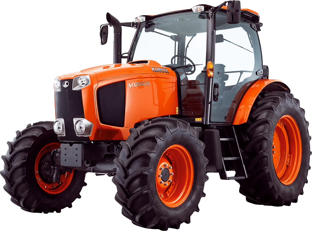Orange Kubota tractor with roll-over protection on a white studio background.