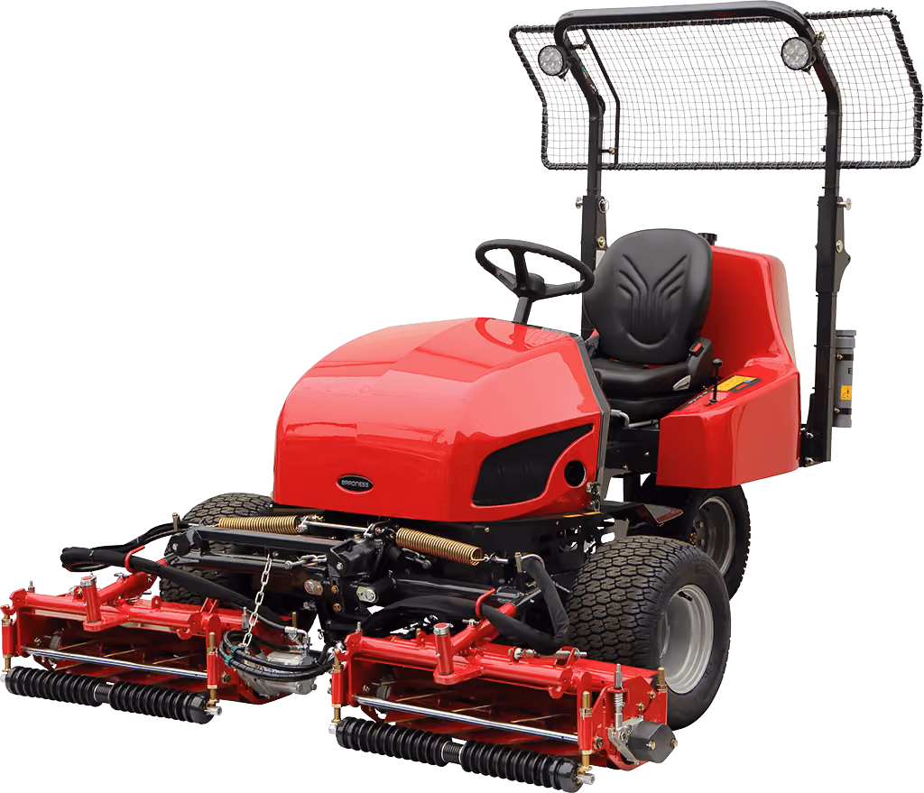 Orange Kubota mower with cutting deck on a white studio background.