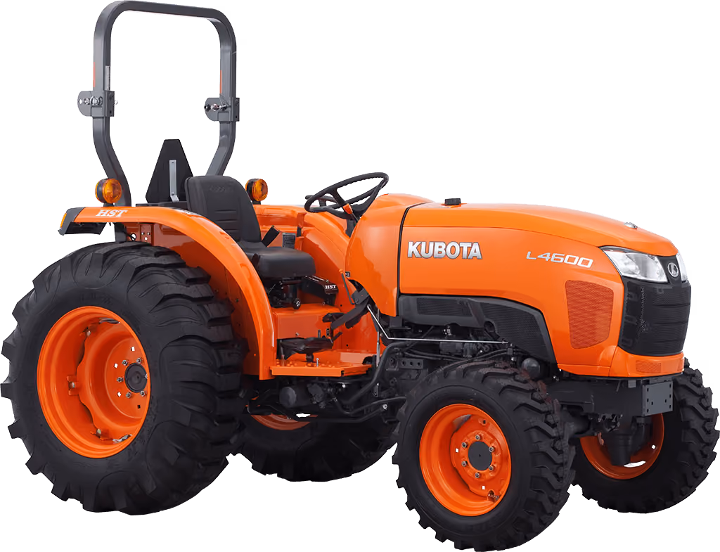 Orange Kubota tractor with roll-over protection on a white studio background.