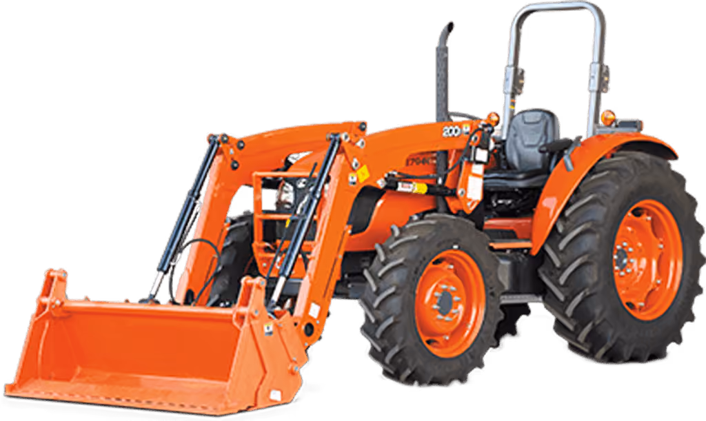 Orange Kubota tractor with roll-over protection on a white studio background.