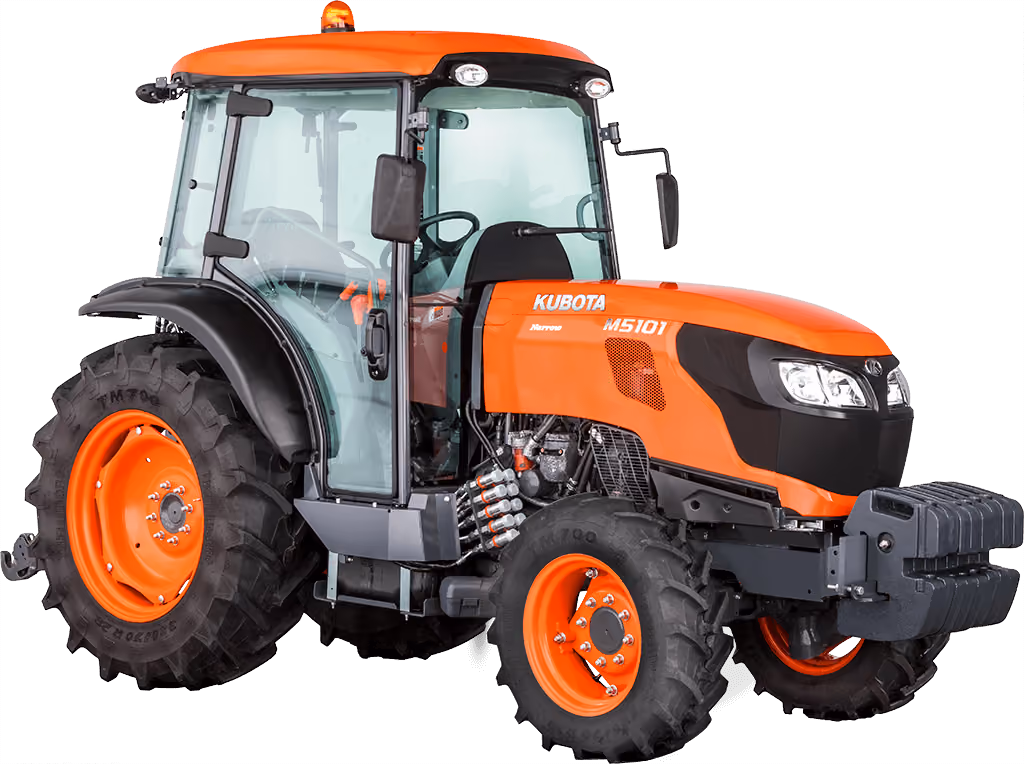 Orange Kubota tractor with roll-over protection on a white studio background.