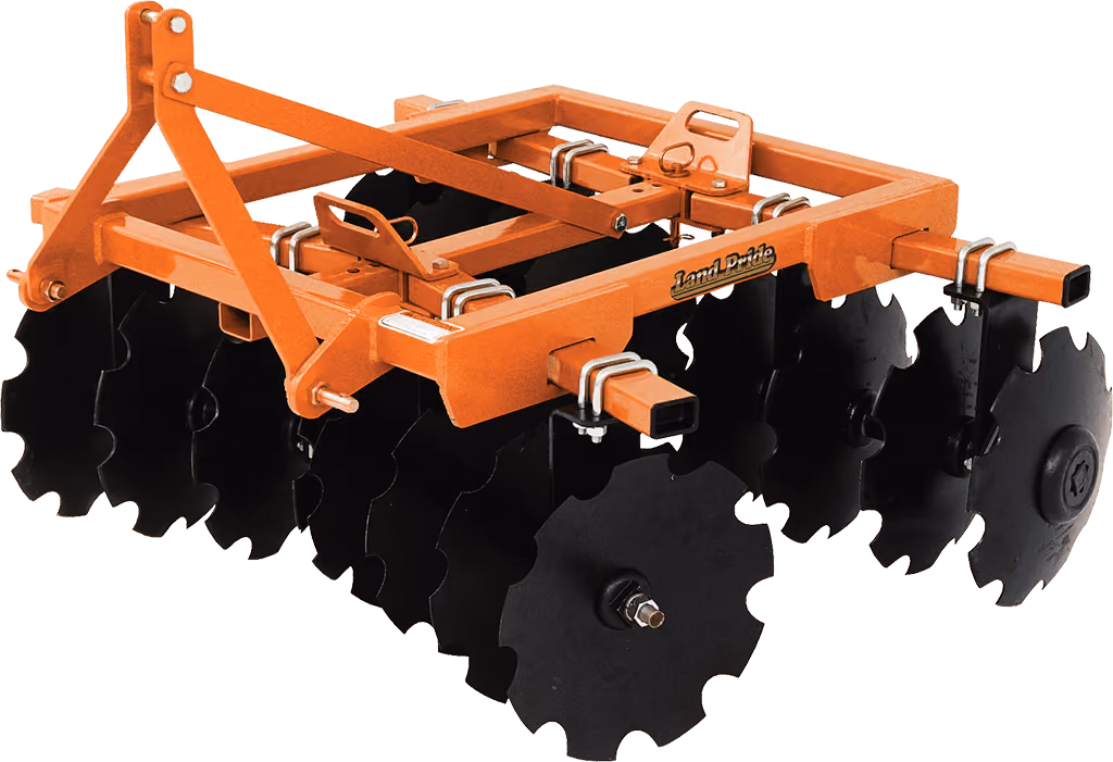 Orange disc harrow attachment with angled steel discs on a white studio background.