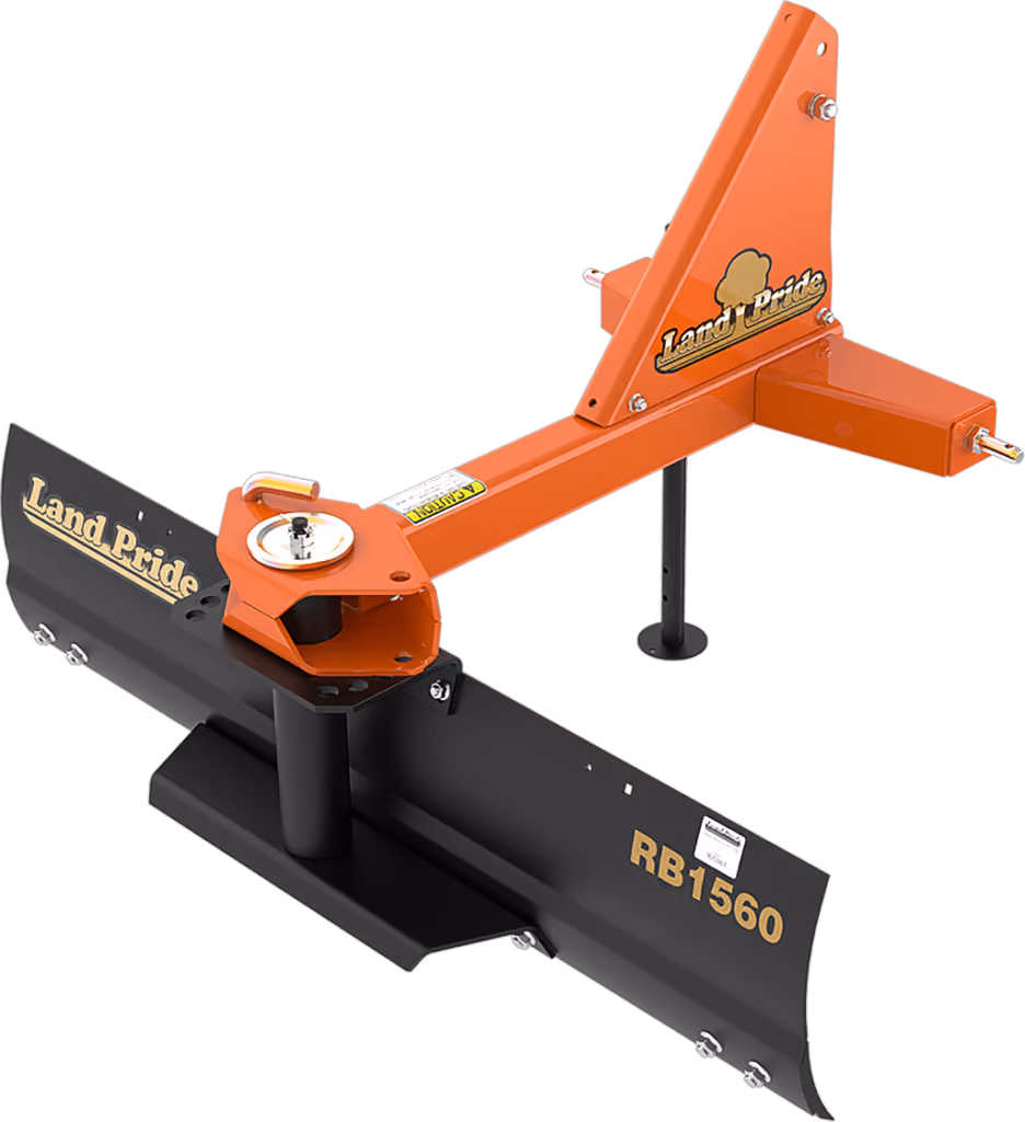 Orange grading attachment with wide steel blade on a white studio background.
