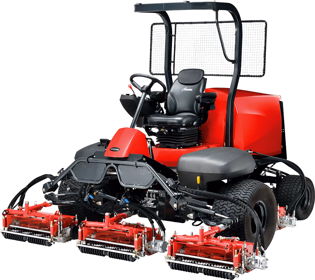 Orange Kubota mower with cutting deck on a white studio background.