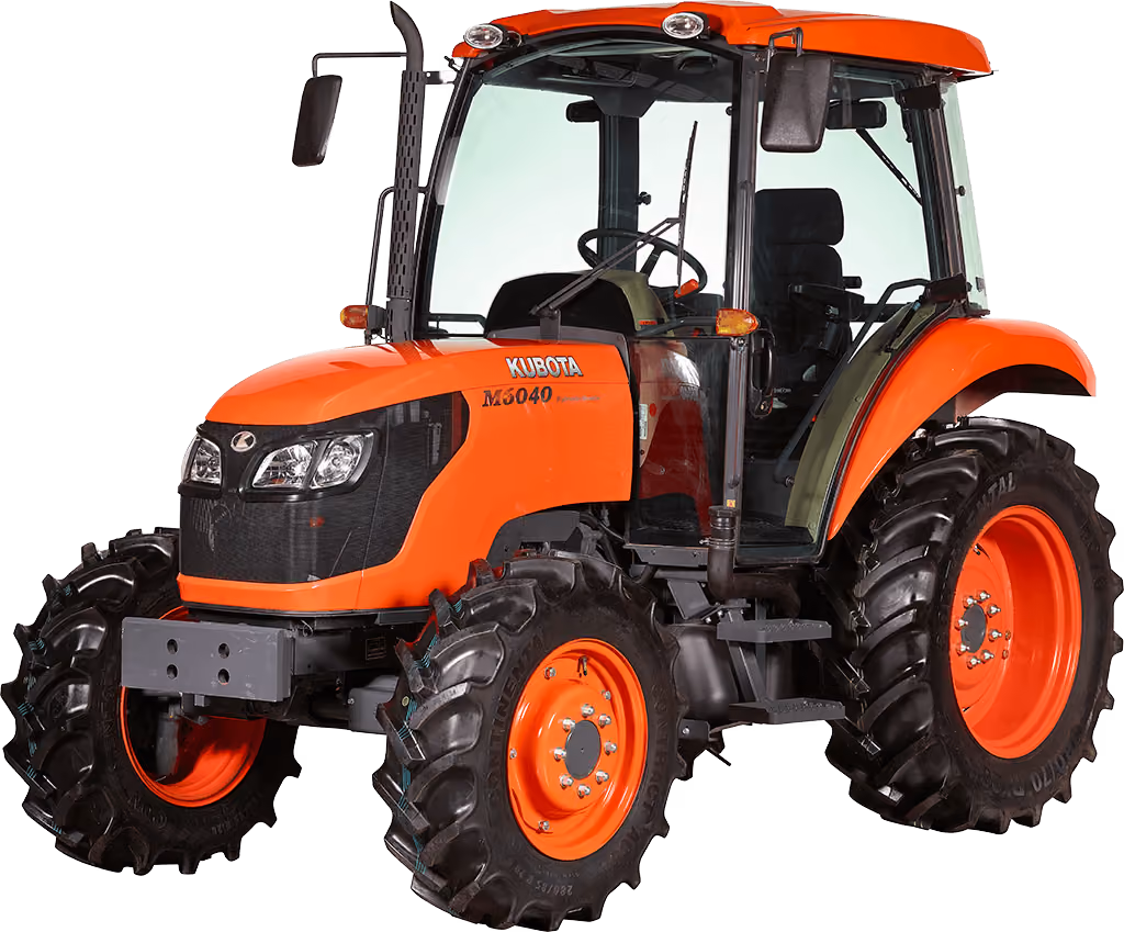 Orange Kubota tractor with roll-over protection on a white studio background.