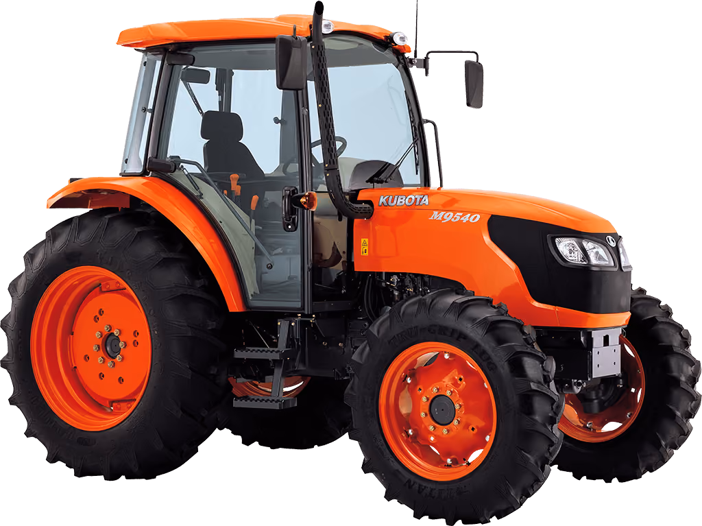 Orange Kubota tractor with roll-over protection on a white studio background.