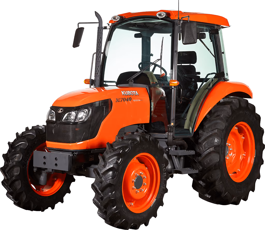Orange Kubota tractor with roll-over protection on a white studio background.