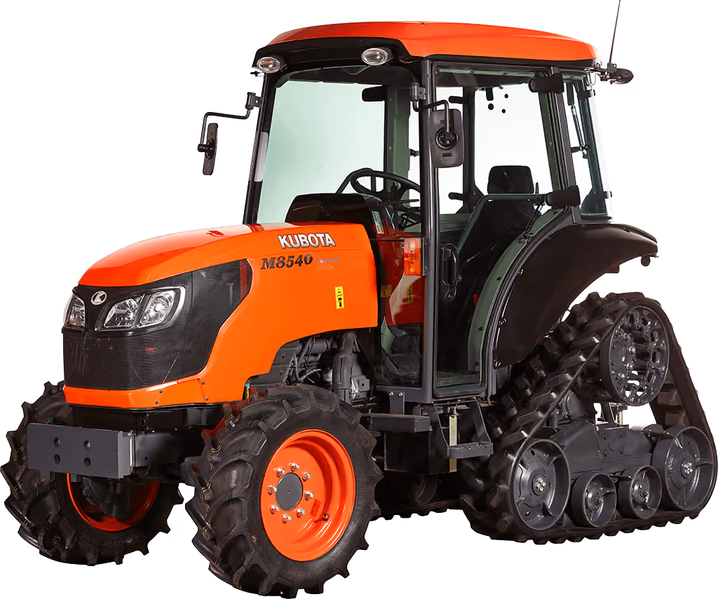 Orange Kubota tractor with roll-over protection on a white studio background.