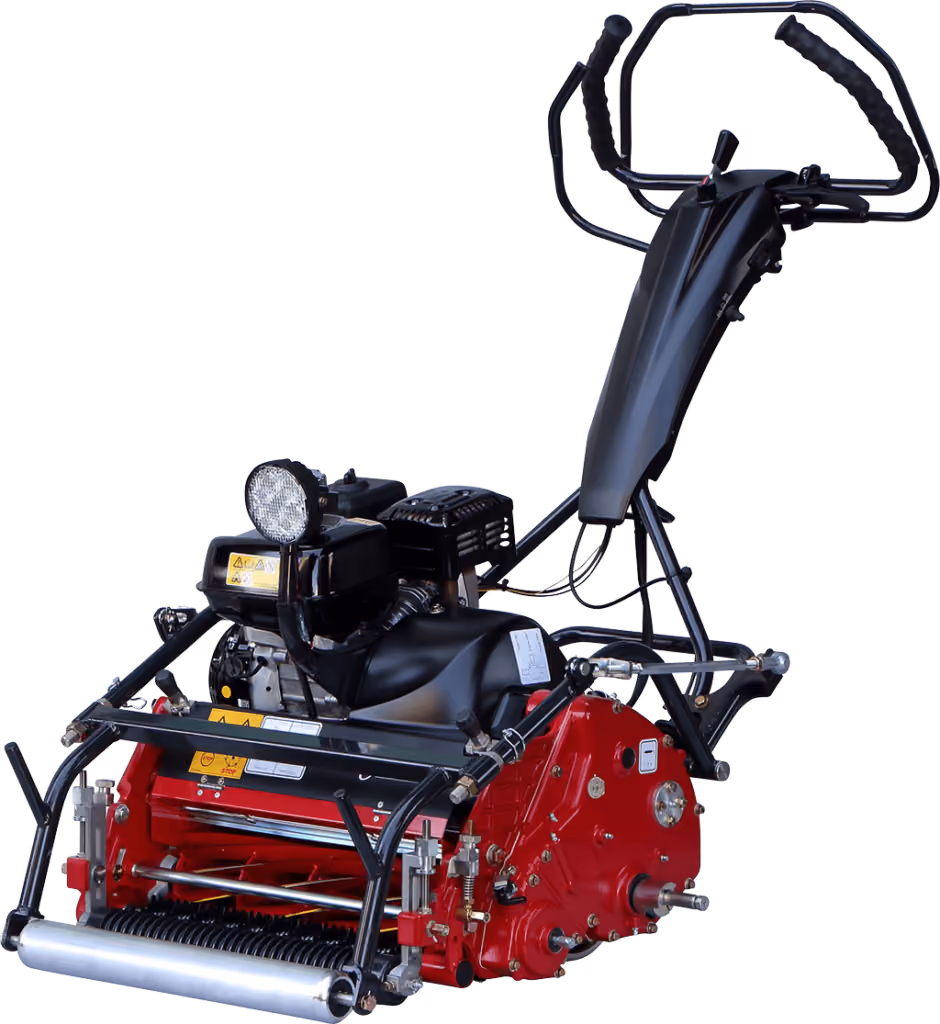 Orange Kubota mower with cutting deck on a white studio background.