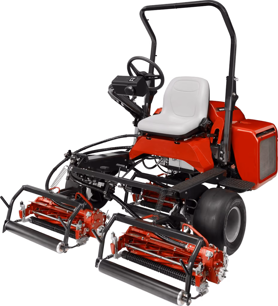 Orange Kubota mower with cutting deck on a white studio background.