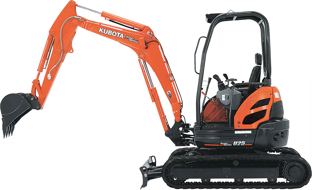Orange Kubota excavator with tracked undercarriage and digging arm on a white studio background.