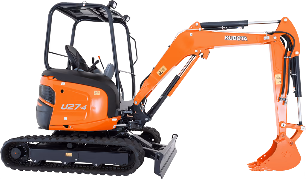 Orange Kubota excavator with tracked undercarriage and digging arm on a white studio background.