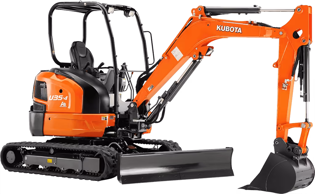 Orange Kubota excavator with tracked undercarriage and digging arm on a white studio background.