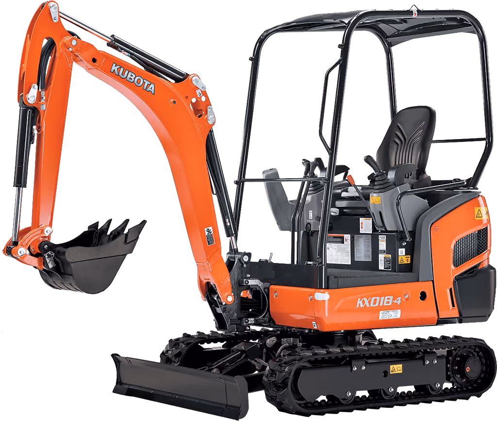 Orange Kubota excavator with tracked undercarriage and digging arm on a white studio background.