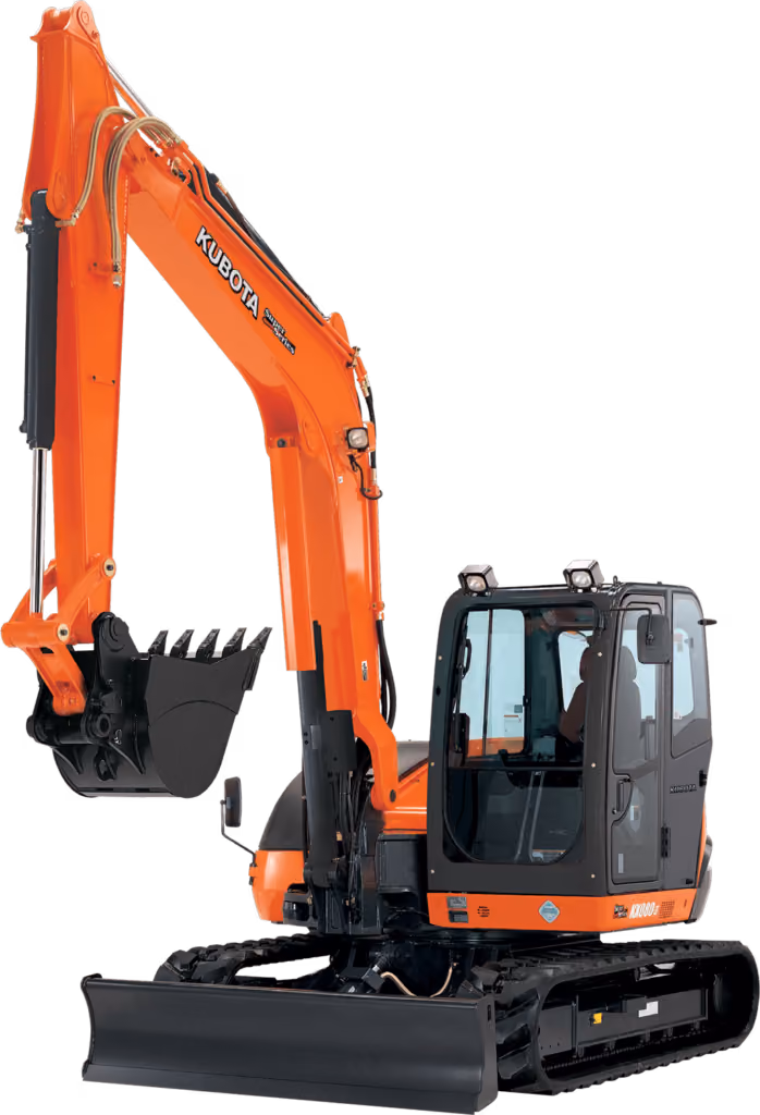 Orange Kubota excavator with tracked undercarriage and digging arm on a white studio background.